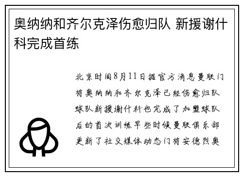 奥纳纳和齐尔克泽伤愈归队 新援谢什科完成首练