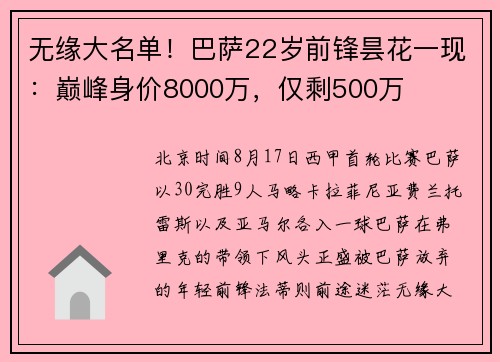 无缘大名单！巴萨22岁前锋昙花一现：巅峰身价8000万，仅剩500万